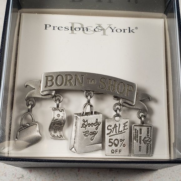 JJ Jonette Jewelry "BORN TO SHOP" Dangle Novelty Charms Pewter Brooch Pin NIB - Picture 2 of 8